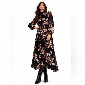 Gemma Albright Black Floral Dress Boho Whimsygoth Dark Romance Cottagecore Sz L
